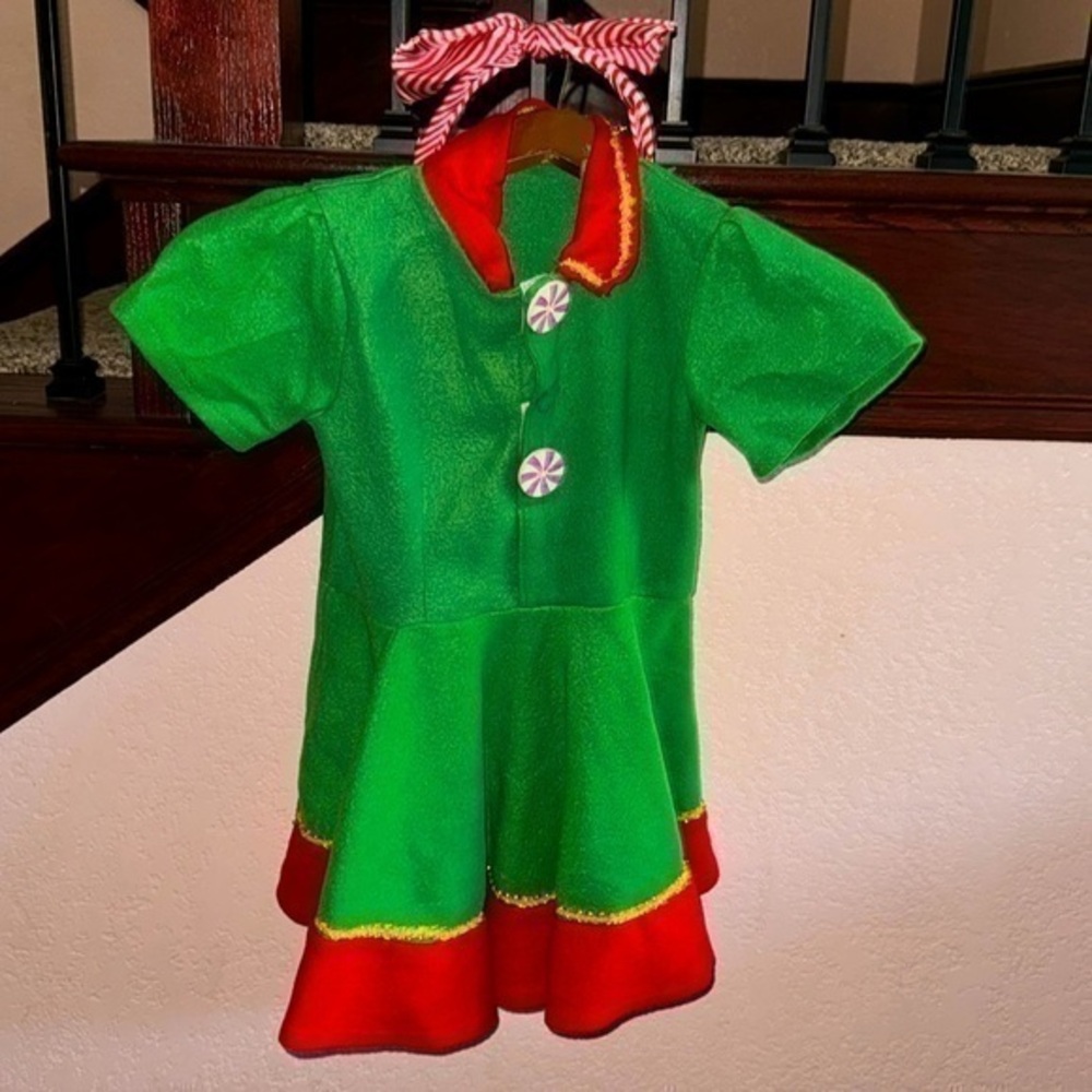 Little Girls 5-6T Christmas Elf Costume + Candy Cane Headband Bundle